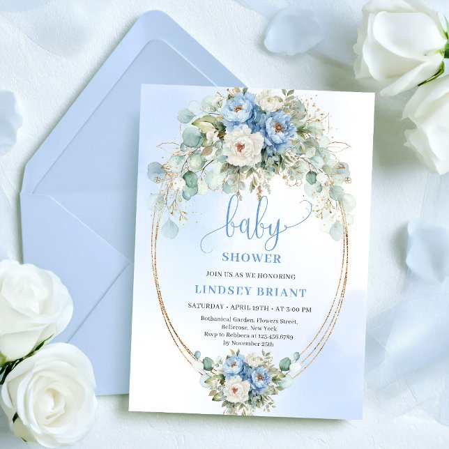 Convites Clássico Boho Flores Azuis Pastel Chuveiro de Bebê (Classic Pastel Blue Flowers Baby Shower Gold Invitation)