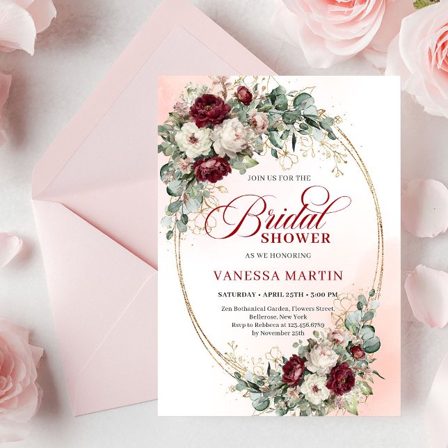 Convites Clássico Boho Flores de Borgonha & Chuveiro Nupcia (Classic Burgundy Flowers & Gold Bridal Shower Invitation)