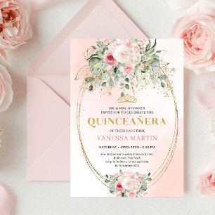 Convites Clássico Boho Rosa Bege Floral Rústico Quinceañera
