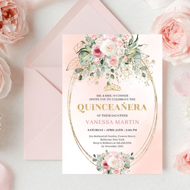 Convites Clássico Boho Rosa Bege Floral Rústico Quinceañera (Classic Blush Pink Floral Rustic Quinceañera Invite)