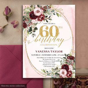 Convites Clássico Boho Rosa Burgundy Aniversário de 60 anos