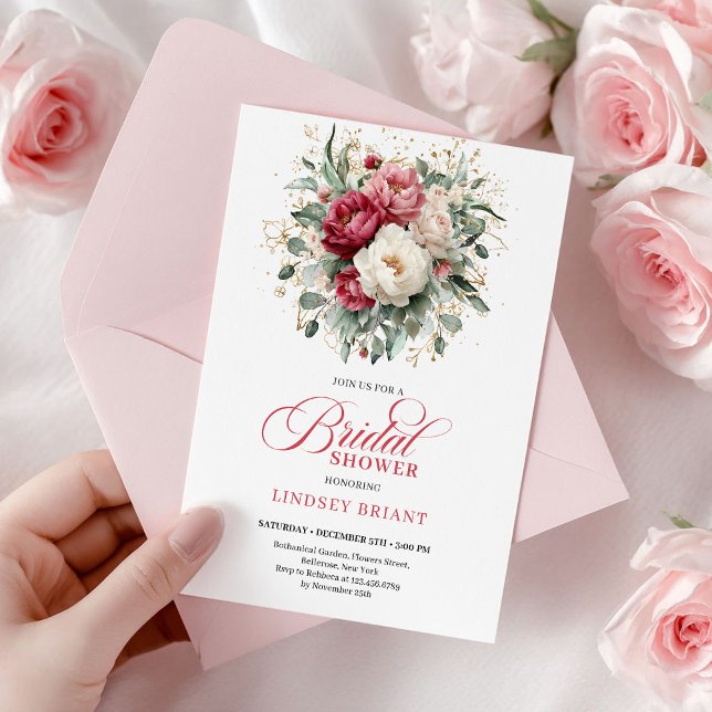 Convites Clássico Boho Vermelho Branco Floral Dourado Chá d (Classic Boho Red White Floral Gold Bridal Shower)