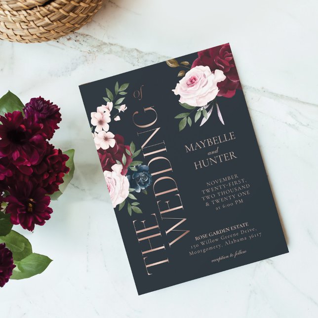 Convites Clássico Borgonha e Florais de Aquarela de Marinho (Classy Bold Burgundy & Navy Watercolor Florals Invitation)
