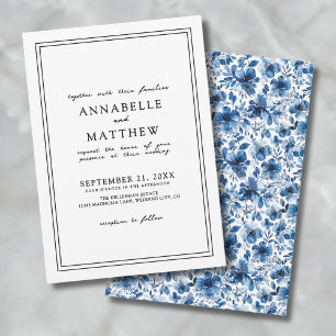 Convites Clássico Botânico Azul Elegante Floral Casamento