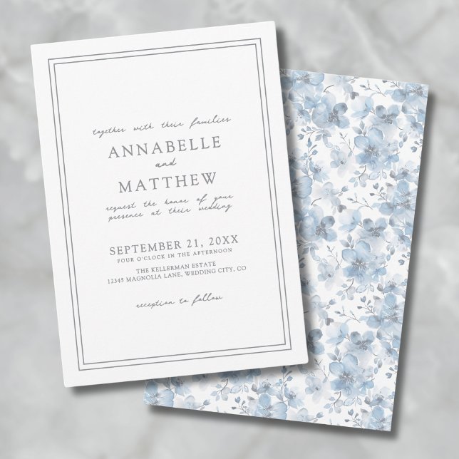 Convites Clássico Botânico Azul Empoeirado Casamento Elegan (Dusty Blue Botanical Classic Elegant Wedding Invitation)