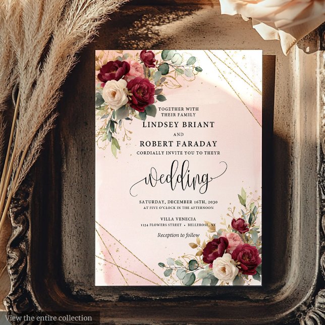 Convites Clássico Burgundy Dourado Flores Eterno Boho (Classic Burgundy Gold Blush Flowers Timeless Boho Invitation)