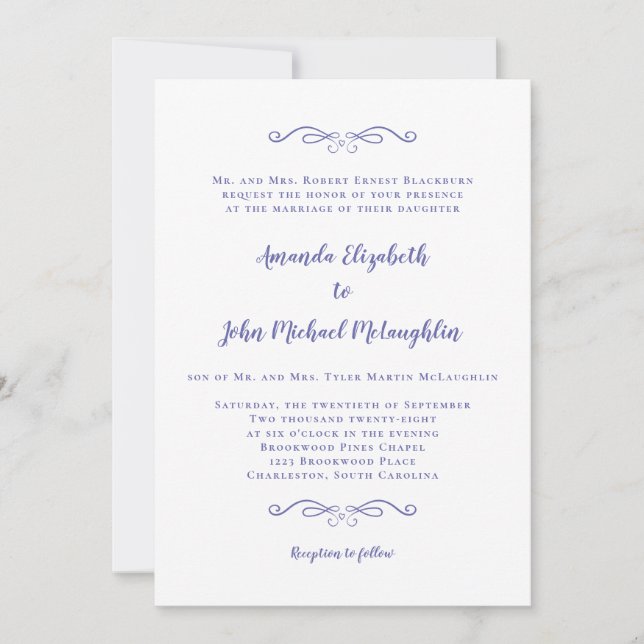 Convites Clássico Casamento Azul Elegante Formal Chic (Frente)