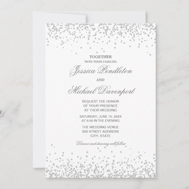 Convites Clássico Casamento Branco Prata Brilho (Frente)