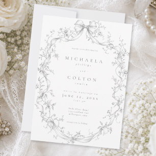 Convites Clássico Casamento de Noiva com Coroa Floral Cinza