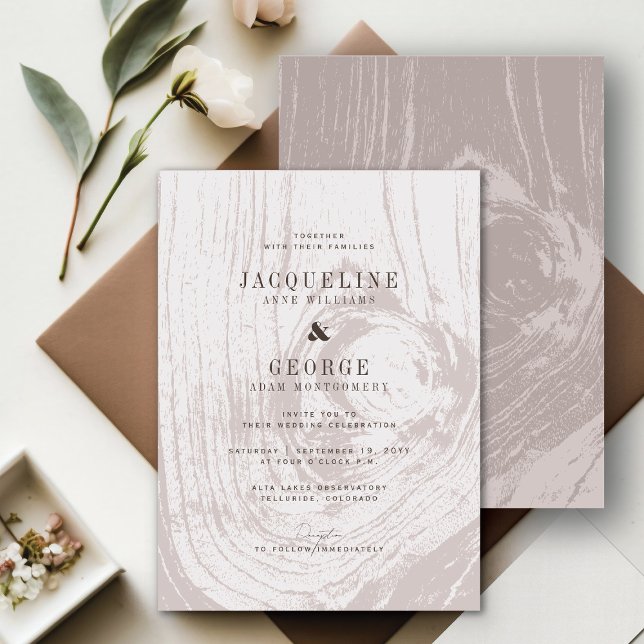 Convites Clássico Casamento de Outono Moderno Rústico com E (Classic Modern Rustic Tan/Taupe Woodgrain Chic Fall Wedding Invitation @ fatfatin_blue_knot)