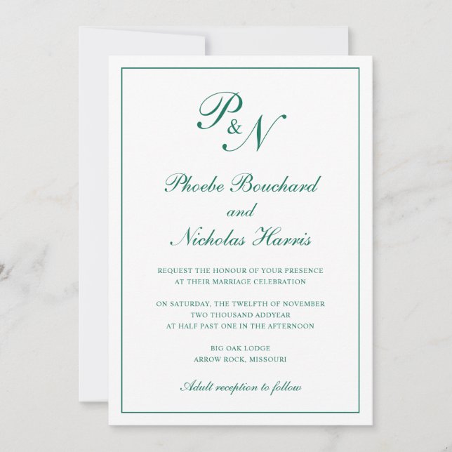 Convites Clássico Casamento Elegante Verde Esmeralda (Frente)