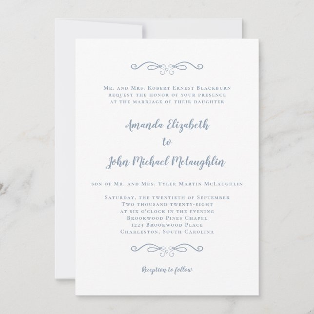 Convites Clássico Casamento Formal Elegante em Tom Azul Poe (Frente)