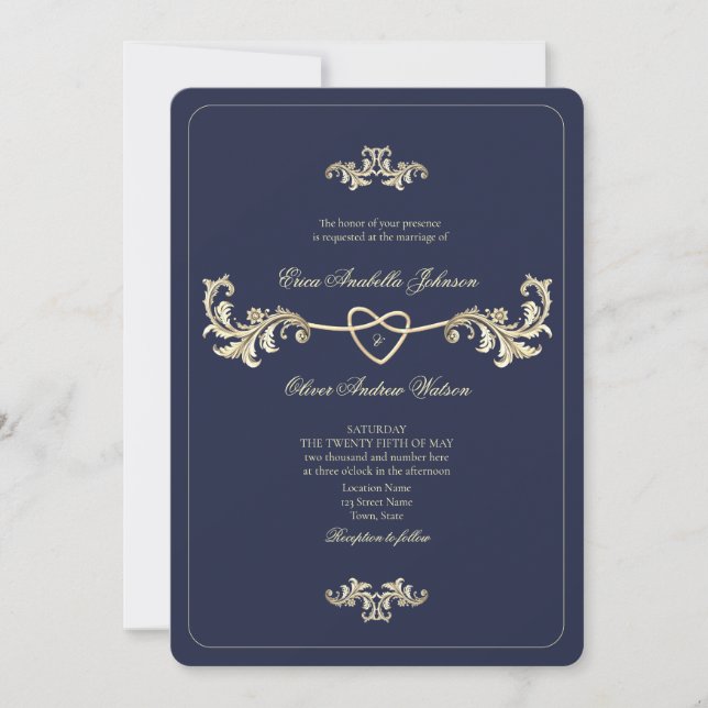 Convites Clássico Casamento Fotográfico Azul Marinho (Frente)