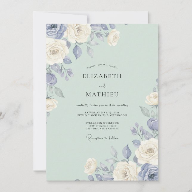 Convites Clássico Casamento Peônia Periwinkle Celadon (Frente)