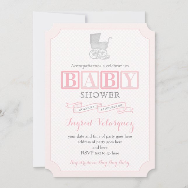 Convites Clássico Chá de fraldas de Pram em Espanhol (Frente)