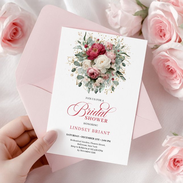 Convites Clássico Chá de Noiva Boho Borgonha Bege Dourado (Sophisticated Bohemian Red White Floral Greenery)