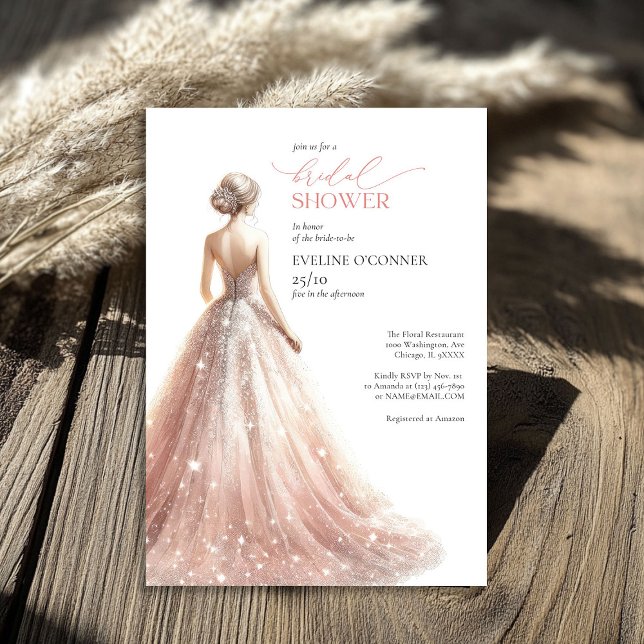 Convites Clássico, cor-de-rosa-rosa, vestido de noiva lux (Classic blush pink sparkly wedding dress lux invitation)