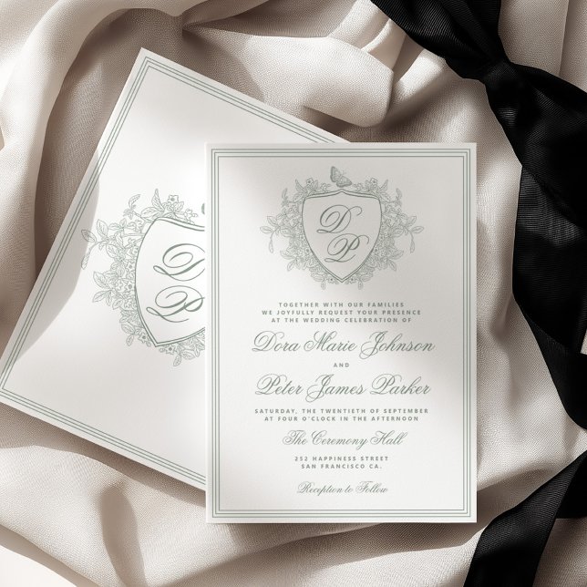 Convites Clássico crista vintage monograma casamento verde  (Criador carregado)