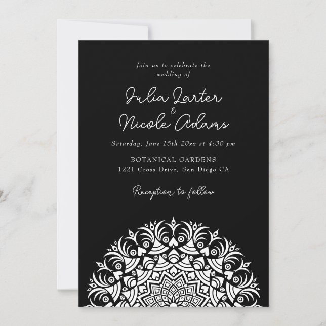 Convites Clássico da Meia-Noite Preto Casamento de Mandala  (Frente)