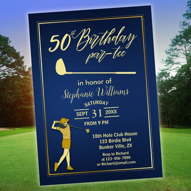 Convites Clássico de Golfe Azul Dourado Aniversário de 50 a (Criador carregado)