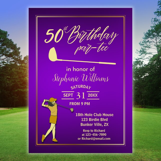 Convites Clássico de Golfe Roxo Dourado Aniversário de 50 a (Criador carregado)