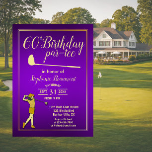 Convites Clássico de Golfe Roxo Dourado Aniversário de 60 A