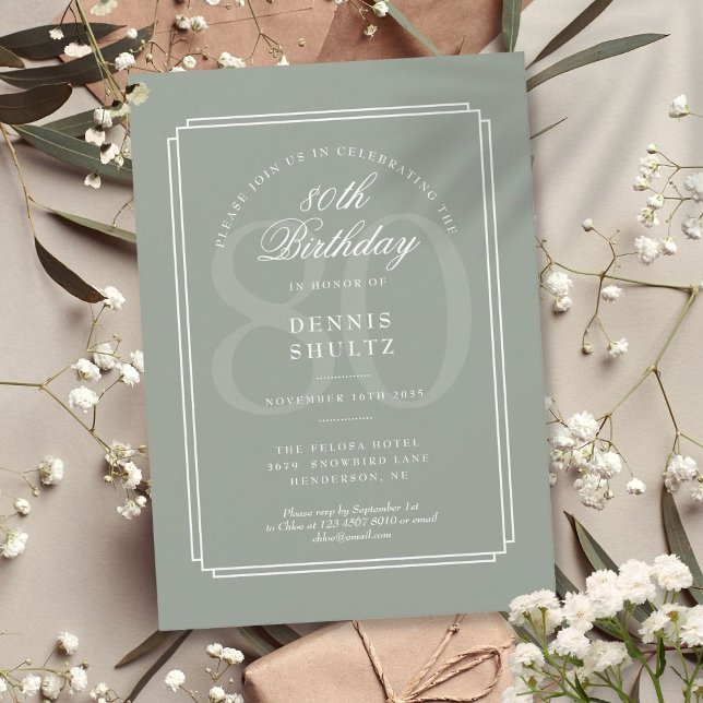 Convites Clássico Deco Sage e Branco Aniversário de 80 anos (Classic Deco Sage and White 80th Birthday Invitation)