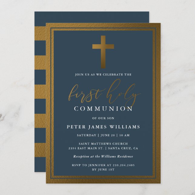 Convites Clássico Dourado e Marinho Azul Primeira Comunhão  (Frente/Verso)