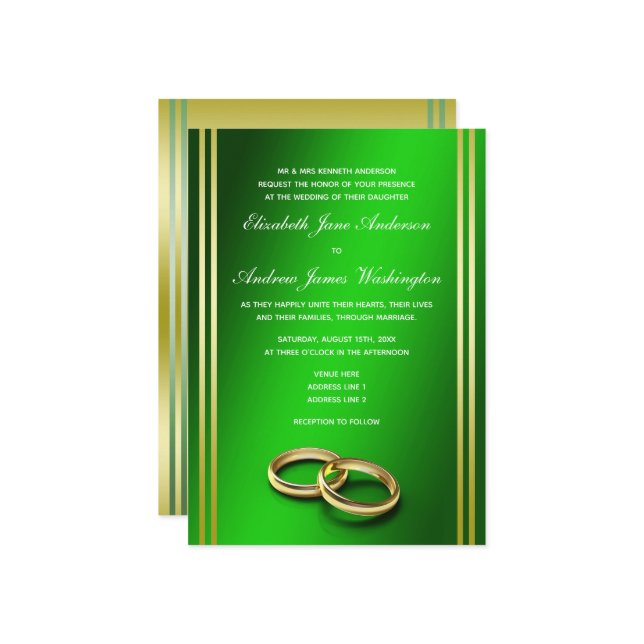Convites Clássico Dourado e Verde, Casamento de Anéis de Ca (Frente/Verso In Situ)