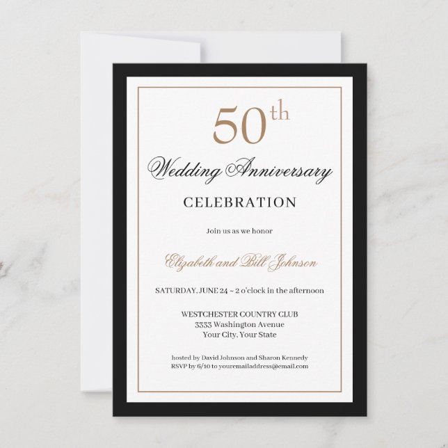 Convites Clássico Dourado Preto 50º Aniversário de Casament (Frente)