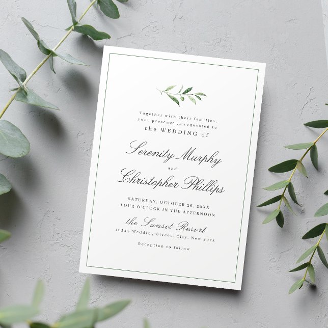 Convites Clássico Elegance Script Simples Casamento Verde (Classic Elegance Script Simple Greenery Wedding Invitation)