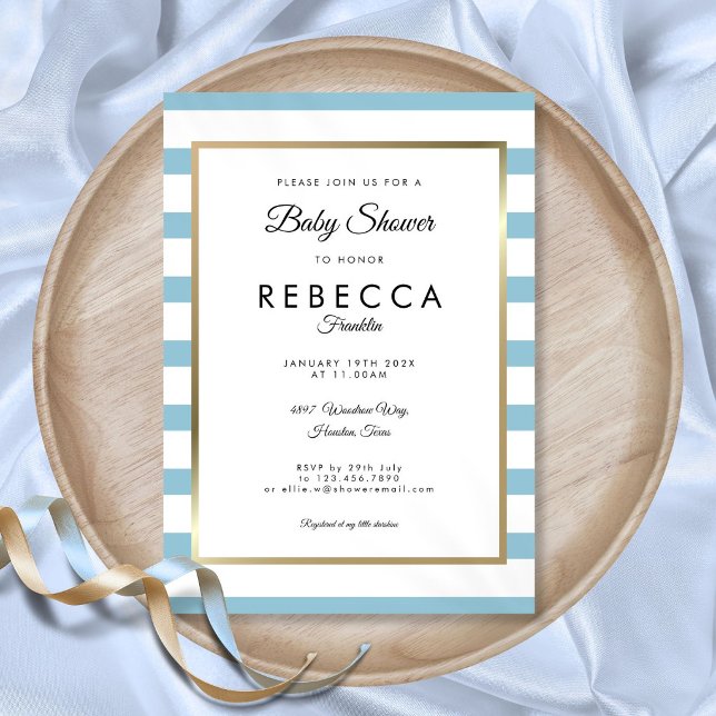 Convites Clássico Elegante Azul Bebê Listrado Chá de Bebê (Classic Elegant Baby Blue Stripe Baby Shower Invitation)