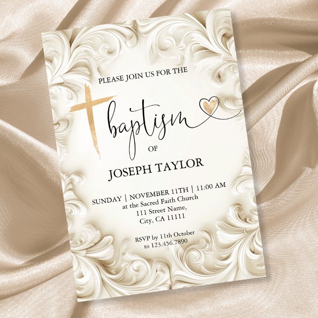 Convites Clássico Elegante Baptismo Dourado Cristo (elegant ivory frame baptism invitation)