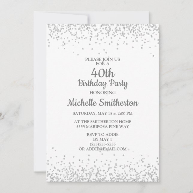 Convites Clássico Elegante Branco Brilho Prata Aniversário  (Frente)