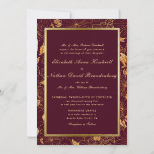 Convites Clássico Elegante Burgundy e Dourado Casamento Flo