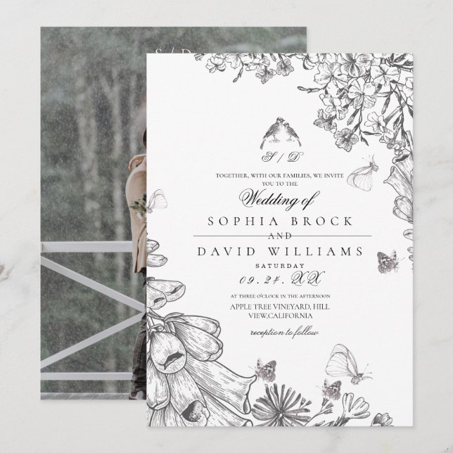 Convites Clássico Elegante Casamento Floral Preto Branco (Frente/Verso)