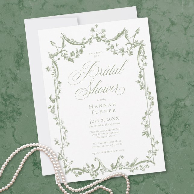 Convites Clássico Elegante Chuva Floral Delicada Verde Salv (Classic Elegant Sage Green Delicate Floral Shower Invitation)