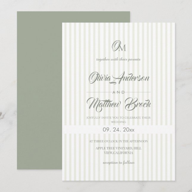 Convites Clássico Elegante⎮Faixa Verde Sage Casamento (Frente/Verso)