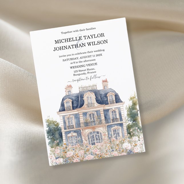 Convites Clássico Elegante francês Blue Mansion Floral (french mansion in blue tones)
