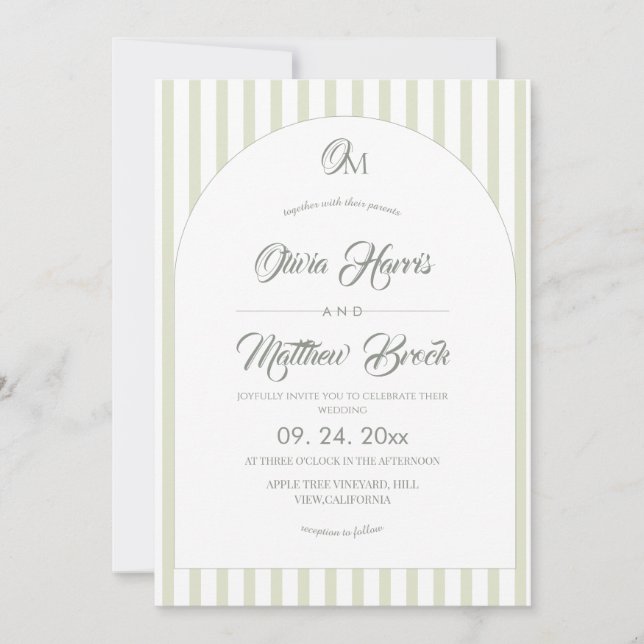 Convites Clássico Elegante⎮Listras de Sage para Casamento  (Frente)