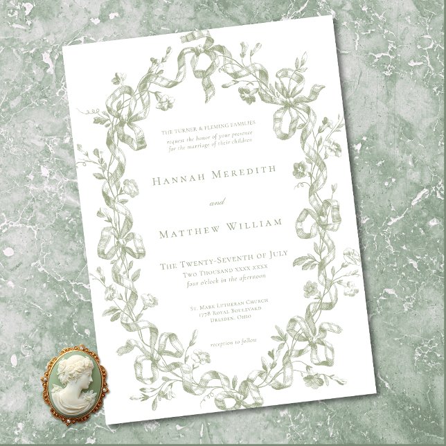 Convites Clássico Elegante Moldura de Casamento em Sage Ova (Classic Elegant Sage Oval Ribbon Frame Wedding Invitation)