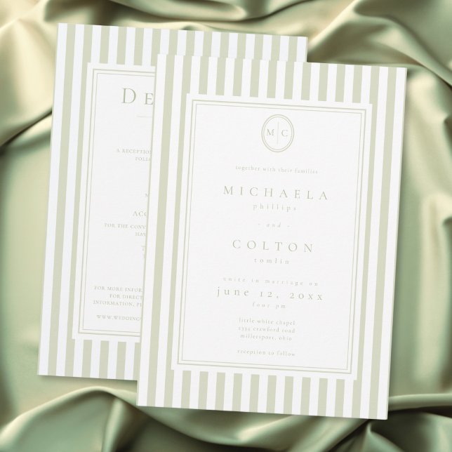 Convites Clássico Elegante Monograma de Listra de Sage em D (Elegant Classic Sage Stripe Monogram Two Sided Invitation)