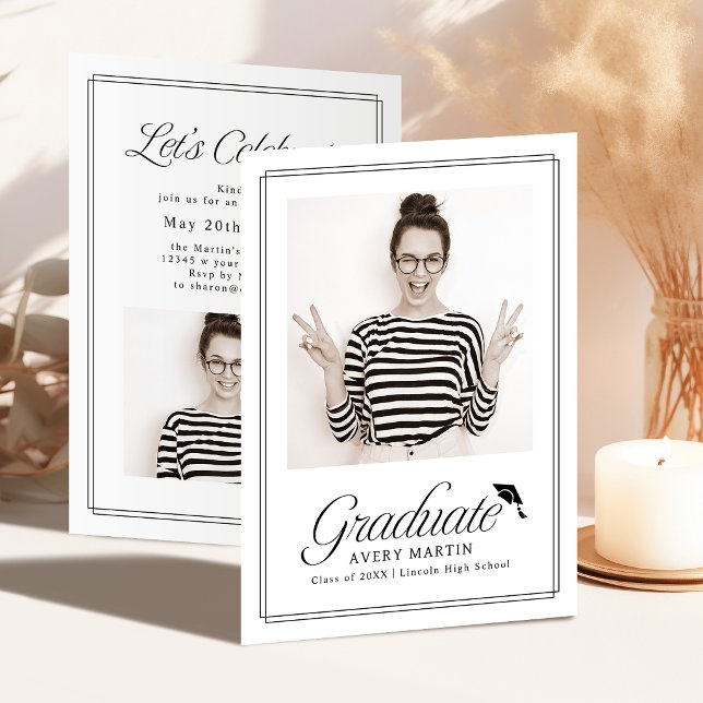 Convites Clássico Elegante Script Foto Graduação (Classic Framed Elegant Script Photo Graduation Invitation)