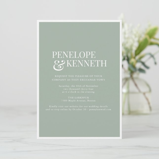 Convites Clássico Elegante Simples Casamento Sage Empoeirad (Em pé/Frente)