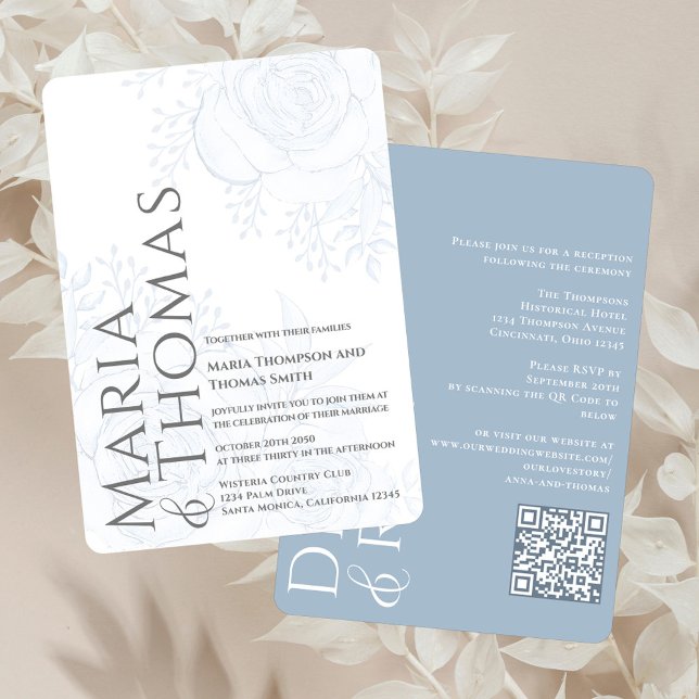 Convites Clássico Elegante Tipografia Negra Dusty Blue RSVP (Elegant blue floral wedding invitation with a modern typography and QR Code. )