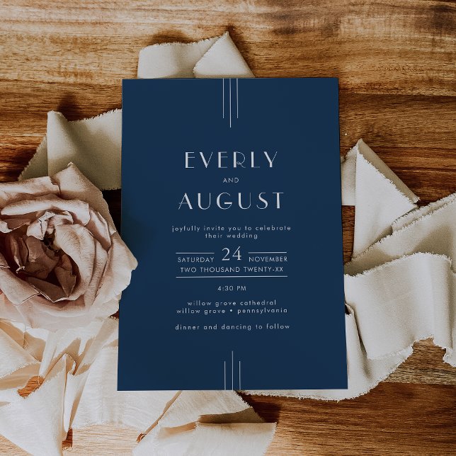 Convites Clássico Everly Arte Deco Casamento Azul-Marinho (EVERLY Classic Modern Art Deco Navy Blue Wedding Invitation)