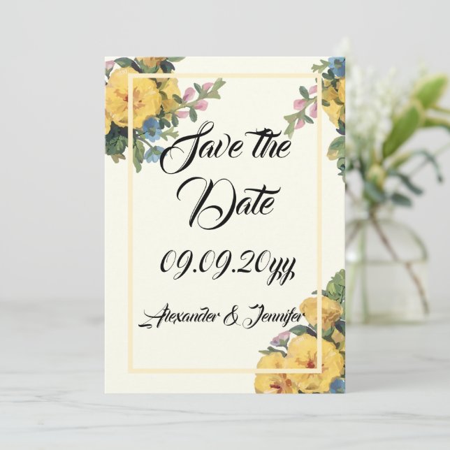 Convites Clássico floral amarelo elegante para salvar a dat (Em pé/Frente)