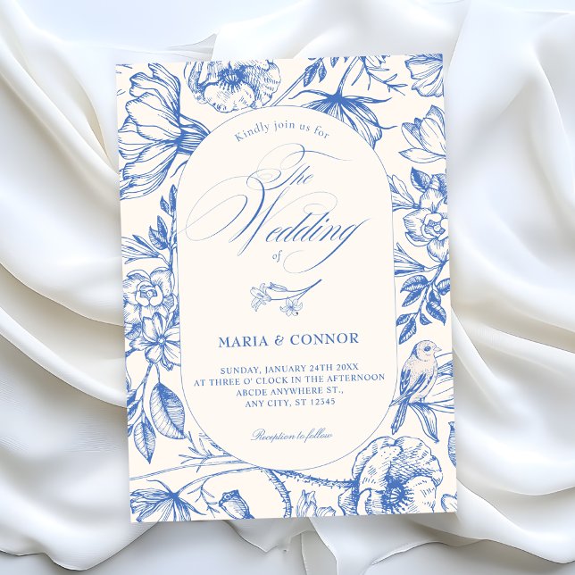 Convites Clássico floral artístico azul casamento (Criador carregado)