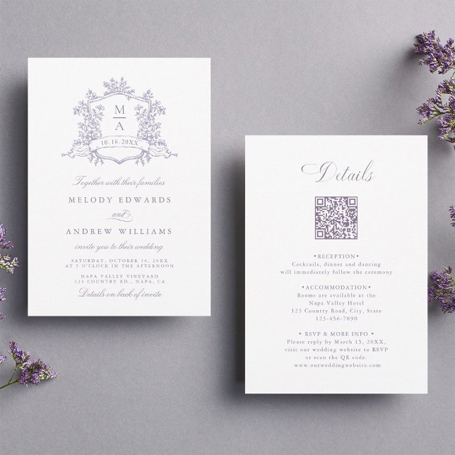 Convites Clássico Floral de Lavanda Crest Casamento Tudo em (Criador carregado)