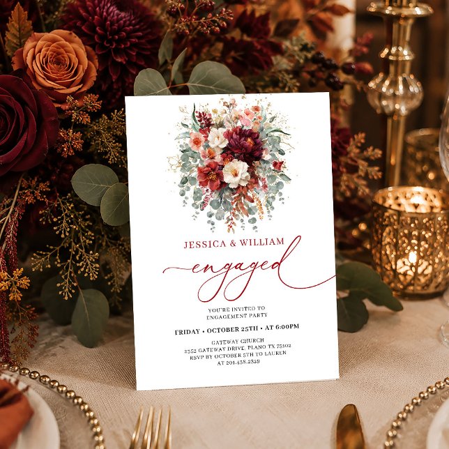 Convites Clássico floral dourado em burgundy profundo anel  (Classic Burgundy Gold Floral Deep Red engagement invitation card

)